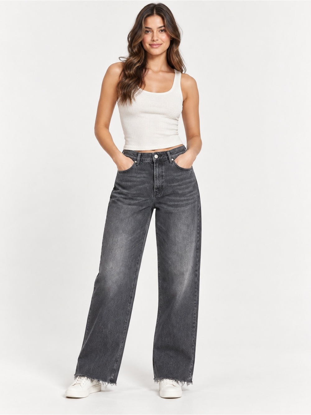 NWT Forever 21 Premium Washed Gray Wide Leg Raw Hem Jeans High Rise